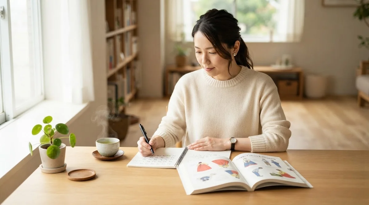 デスクの上で韓国語のノートや文化の参考書を開いて勉強している静かな風景