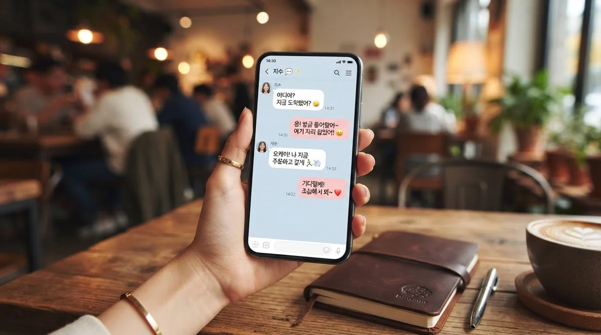 スマートフォン画面のハングルチャットと新造語のイメージ