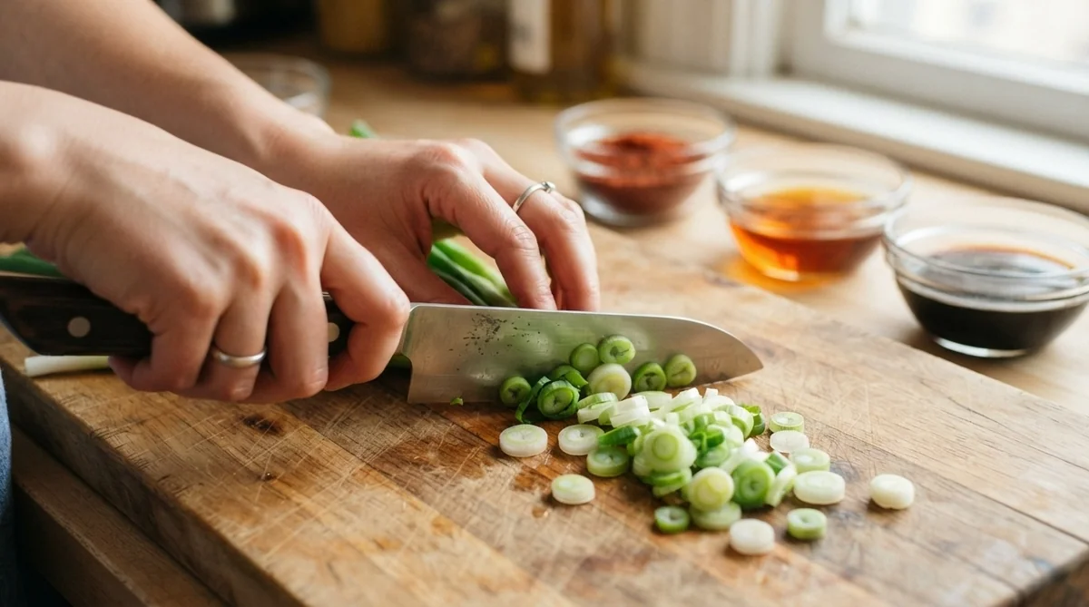 明るいキッチンで包丁を使い丁寧に野菜を刻む手元の様子