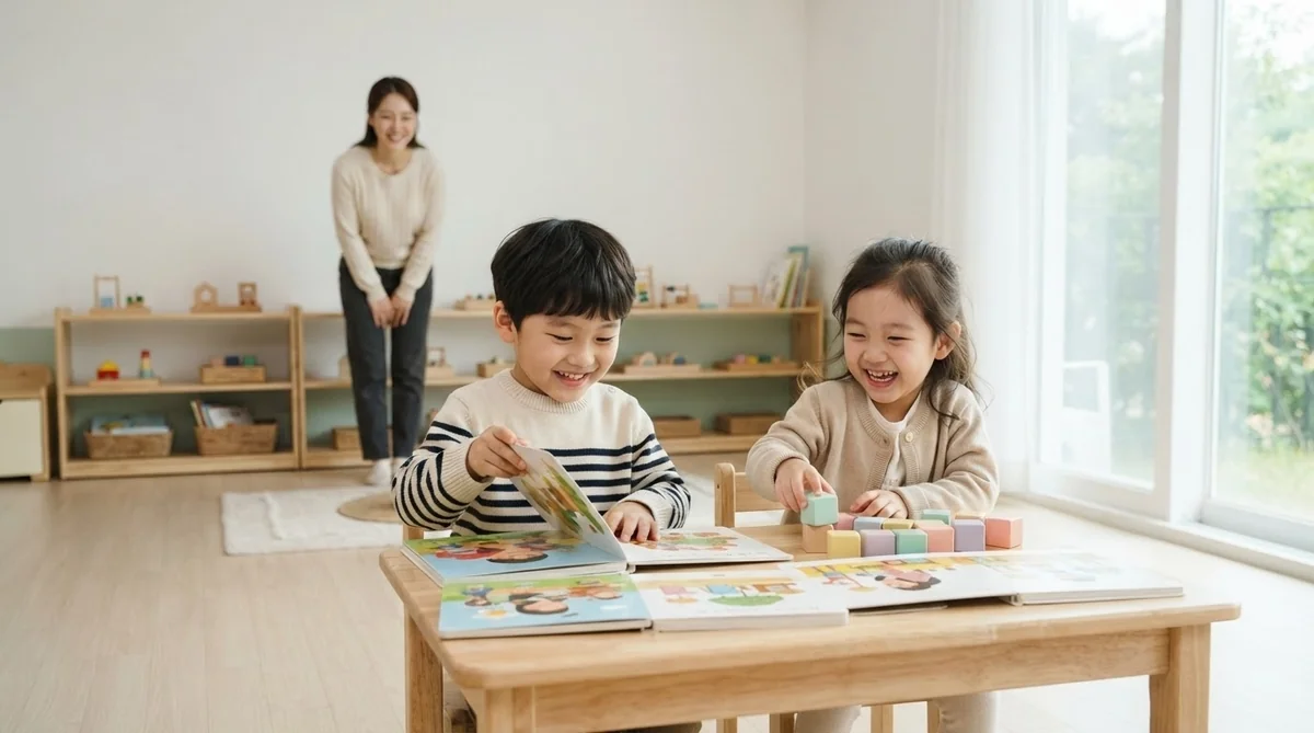 韓国の幼稚園や保育施設でブロックや絵本を使って楽しく遊ぶ子どもたちの姿