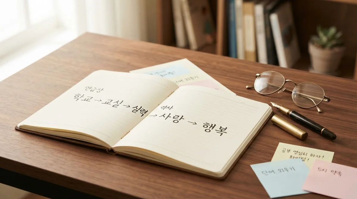 開いたノートにハングルのしりとりが書かれている様子