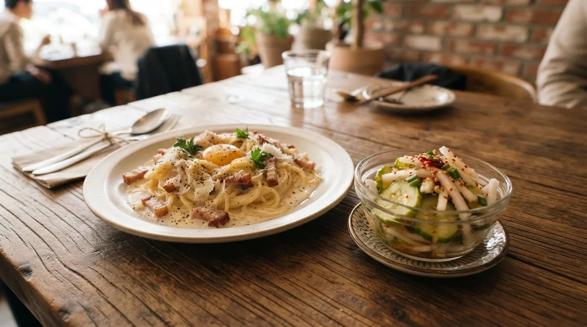 韓国のパスタ店で提供される手作りピクルスと濃厚なパスタ