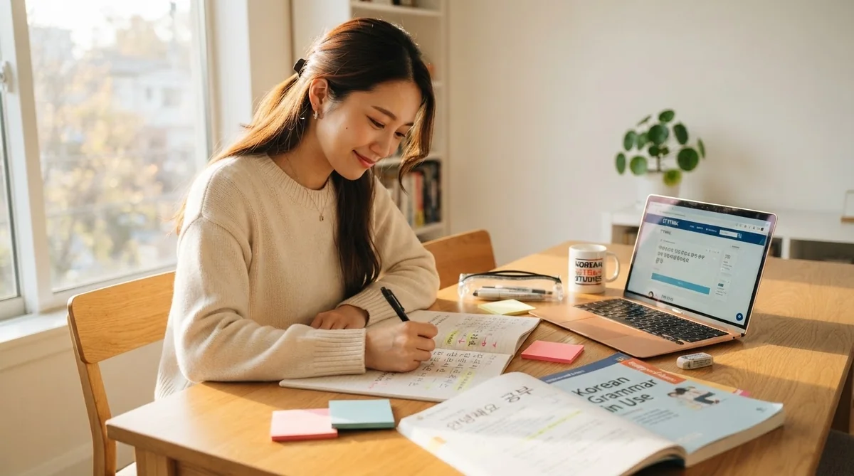 整然としたデスクで韓国語のテキストとノートを開き、真剣に勉強に取り組む女性学習者の姿