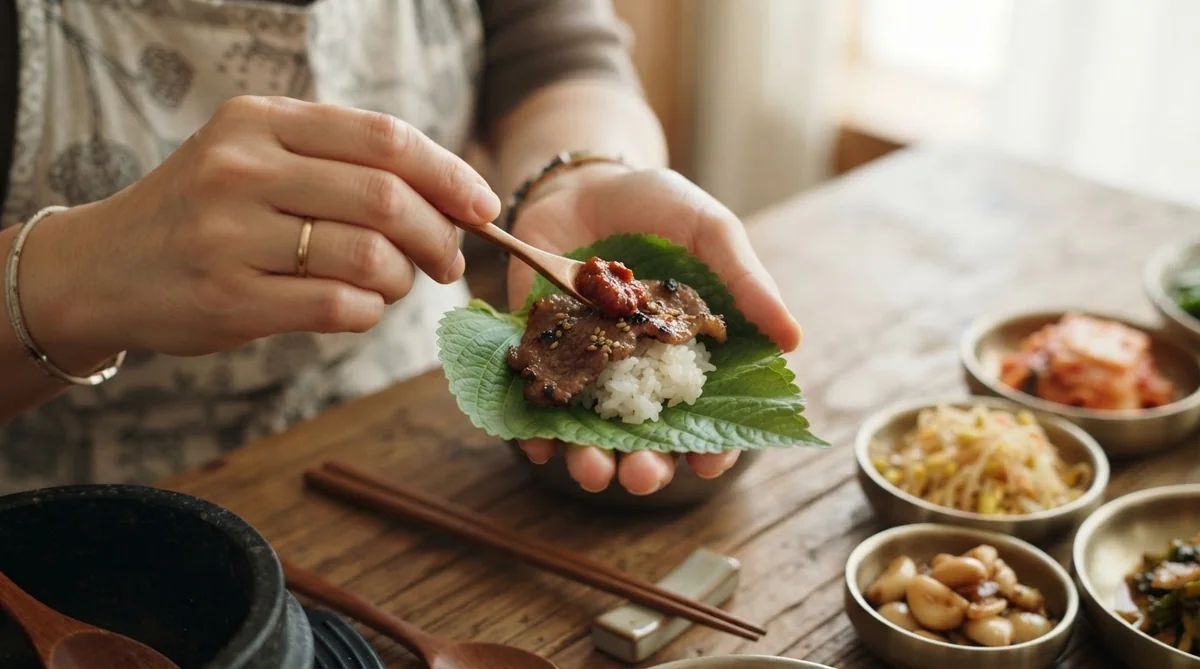 サンチュの葉に肉やご飯をのせて手元で包むサムの作成手順