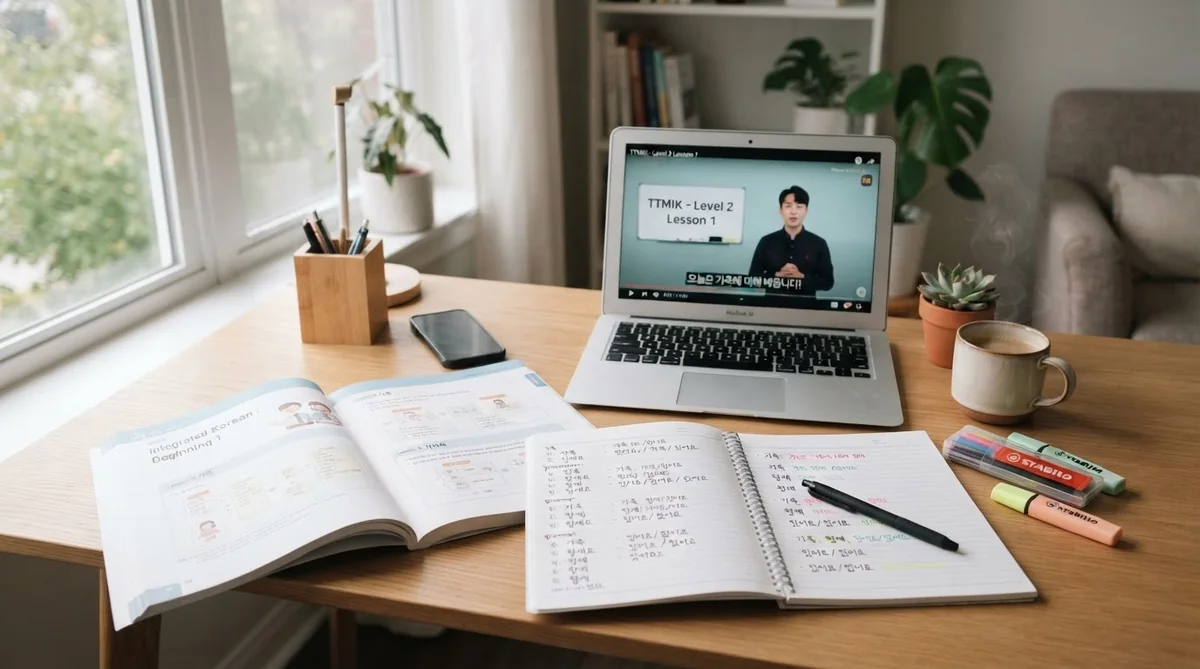 整然と並べられた韓国語の教材と手書きノート
