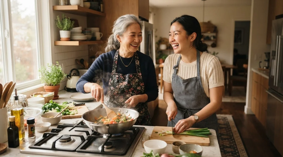 キッチンで温かく微笑み合いながら一緒に料理を作る母親と娘の姿