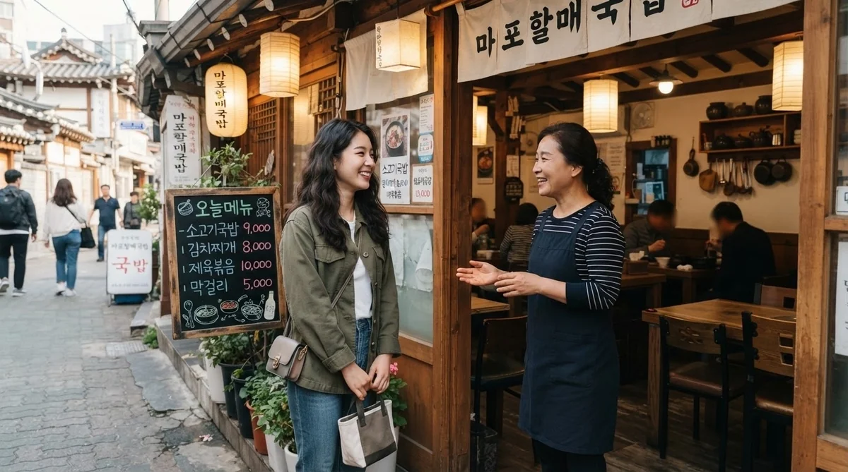韓国のローカル食堂の入口でスタッフと会話をする様子