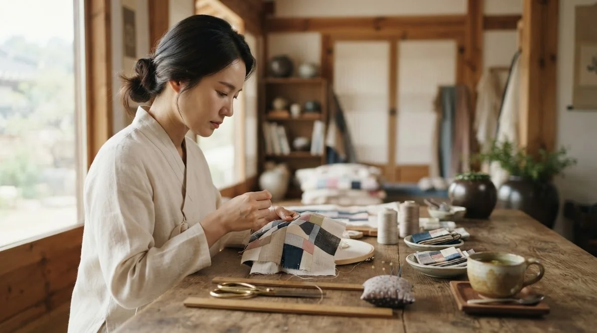 伝統的なポジャギを手縫いで丁寧に仕立てる韓国人女性の手元