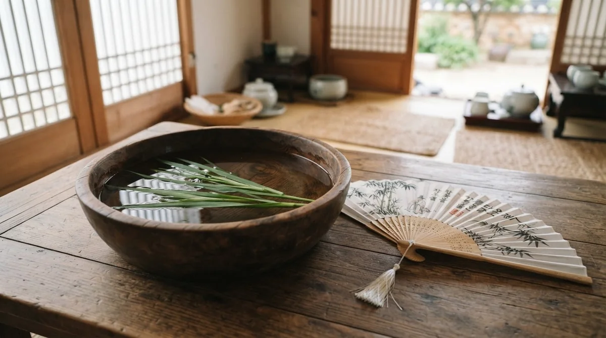 菖蒲の葉と澄んだ水、伝統的な端午扇が置かれた美しい木製テーブル