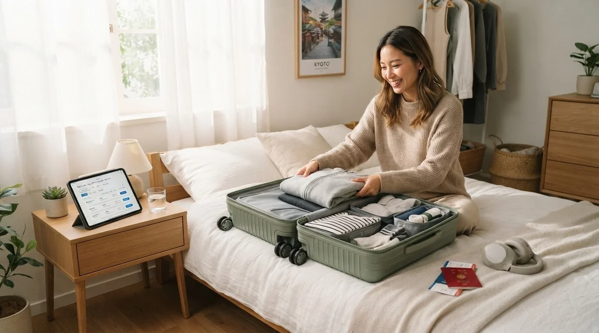 荷造りをする若い旅行者と航空券検索画面のタブレット