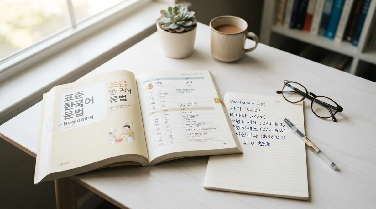 韓国語のテキストと丁寧にまとめられた学習ノート