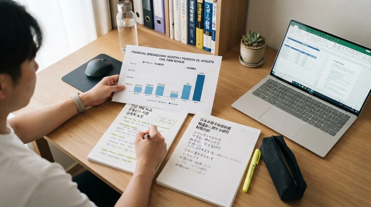 メダリストの報奨金制度と月額給付の財務内訳をまとめた学習ノートと資料