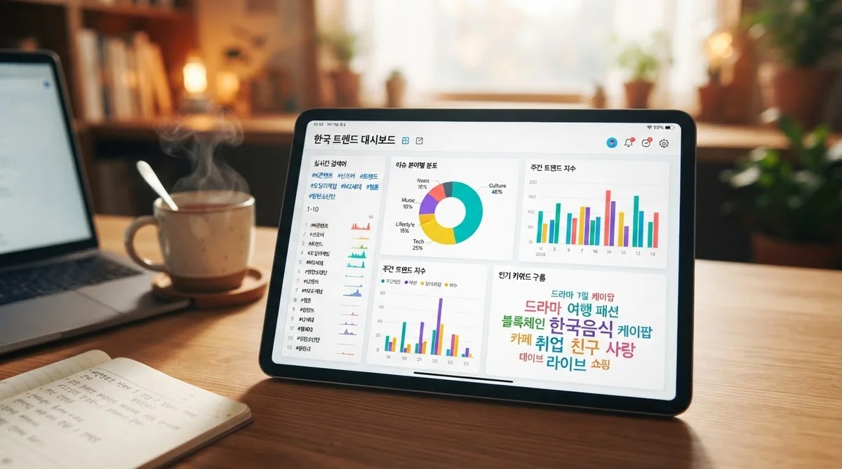 タブレット画面に表示された韓国語の急上昇検索キーワードと折れ線グラフ
