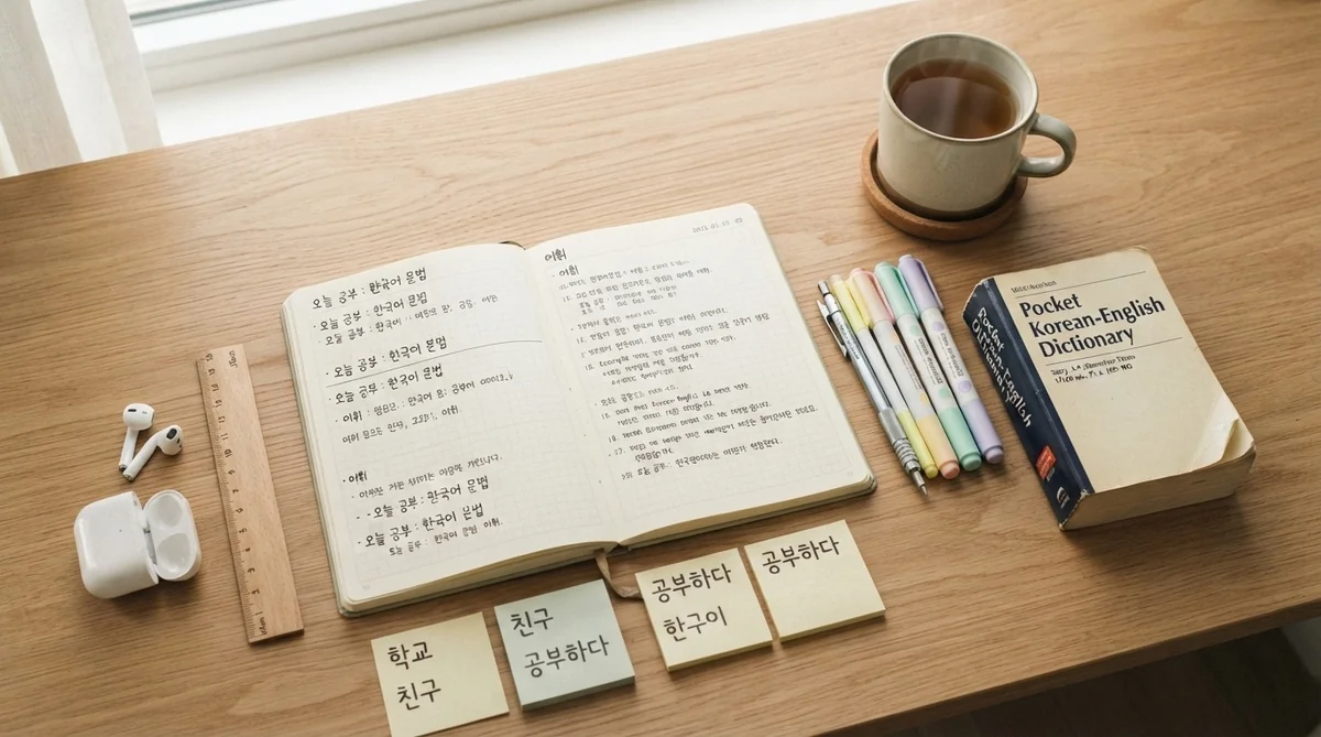 ハングルが書かれたノートと辞書、文房具が整然と並べられたテーブル