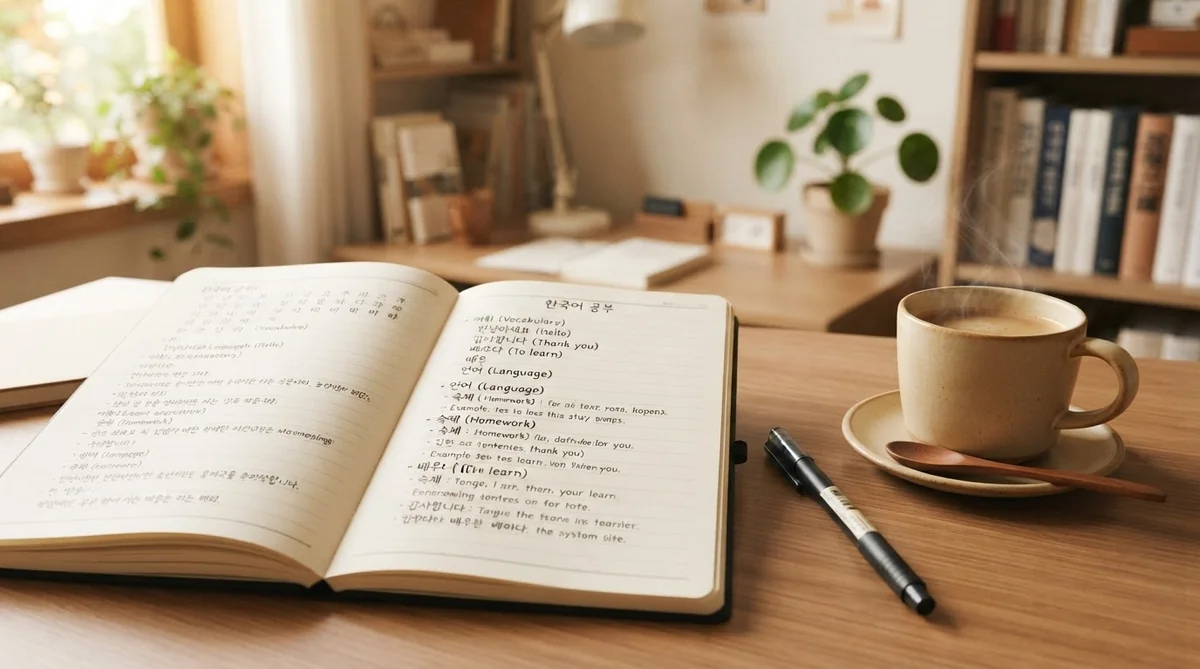 ハングルが書かれたノートと筆記用具