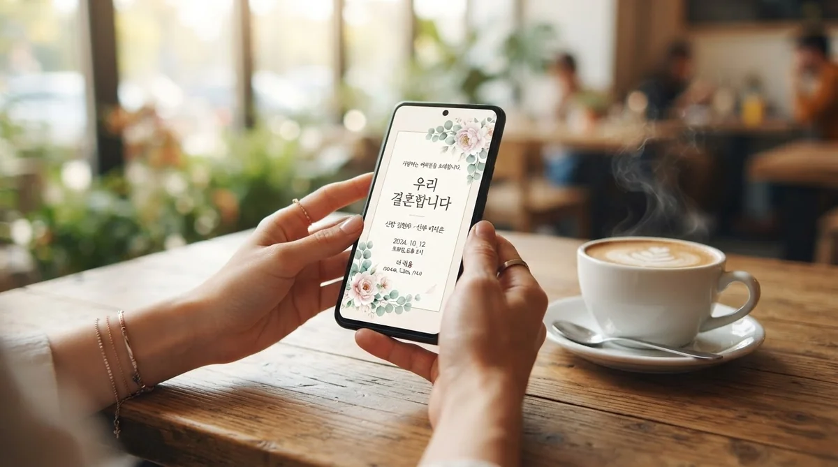 スマートフォンで韓国語のモバイル招待状を確認している様子