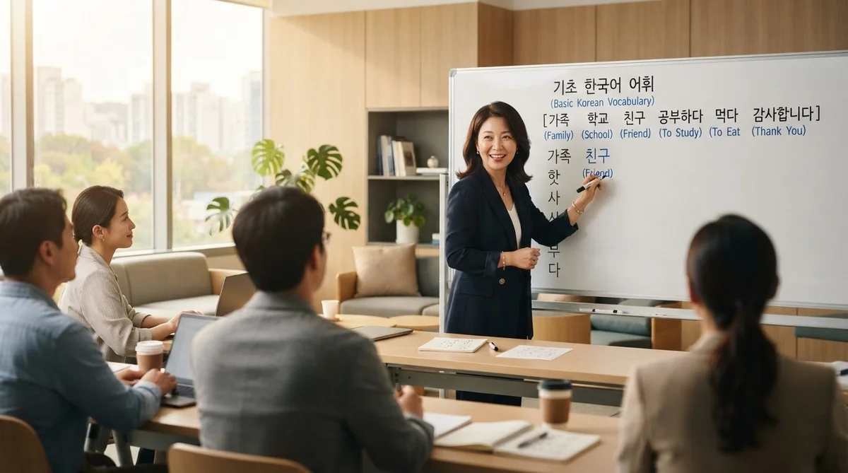 ホワイトボードを使って韓国語のハングル語彙を解説する明るい教室風景