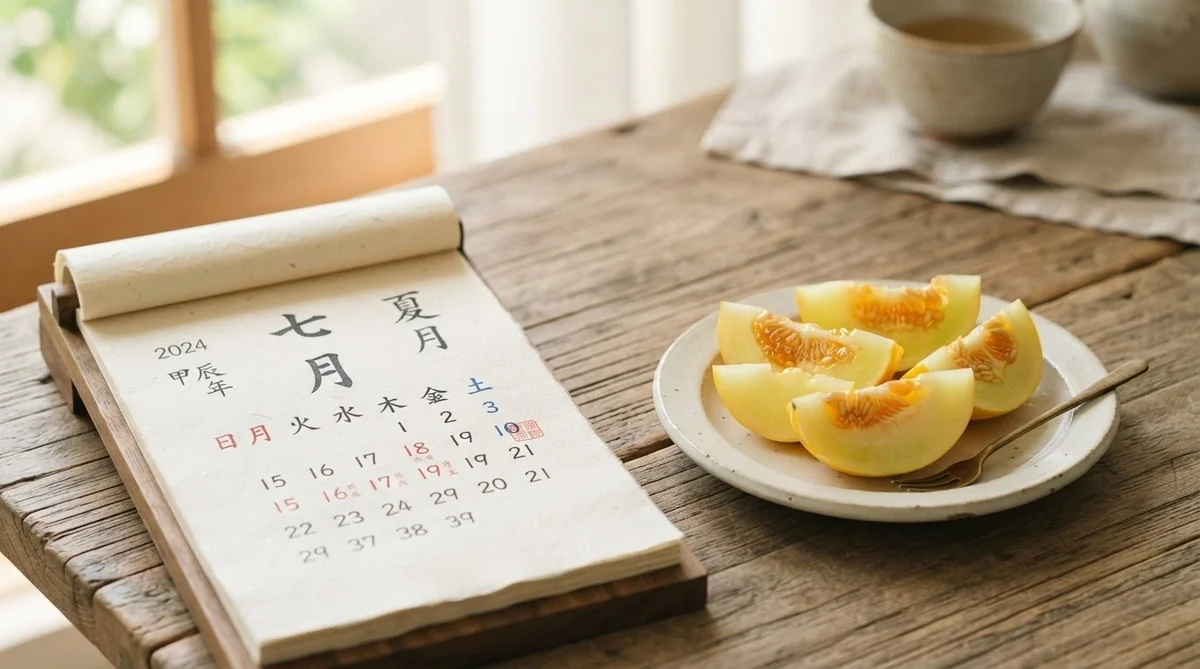 韓国の伝統的な暦とマクワウリの小皿