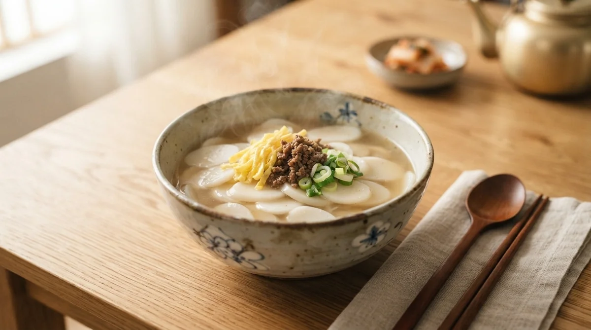 透明感のあるスープに棒餅と卵などの薬味が綺麗に盛り付けられた韓国のお雑煮トックク