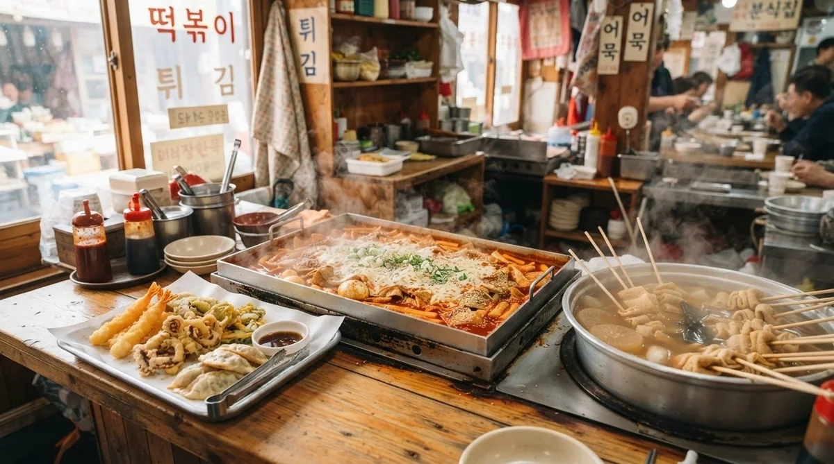 韓国の粉食店で提供される熱々のトッポッキと揚げ物のセット