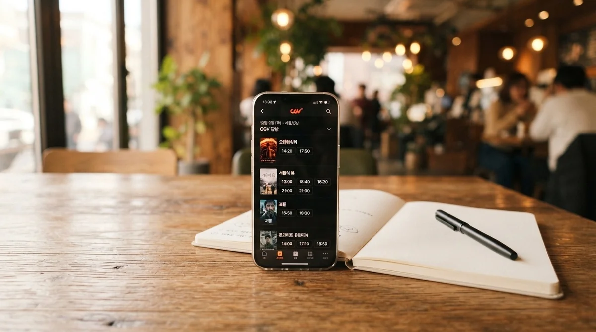カフェのテーブルでスマートフォンを使って韓国映画の上映スケジュールを確認する様子