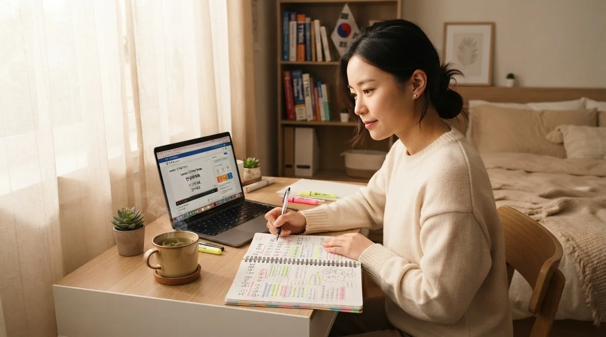 韓国語のノートとパソコンでハングルを楽しく独学する学習者