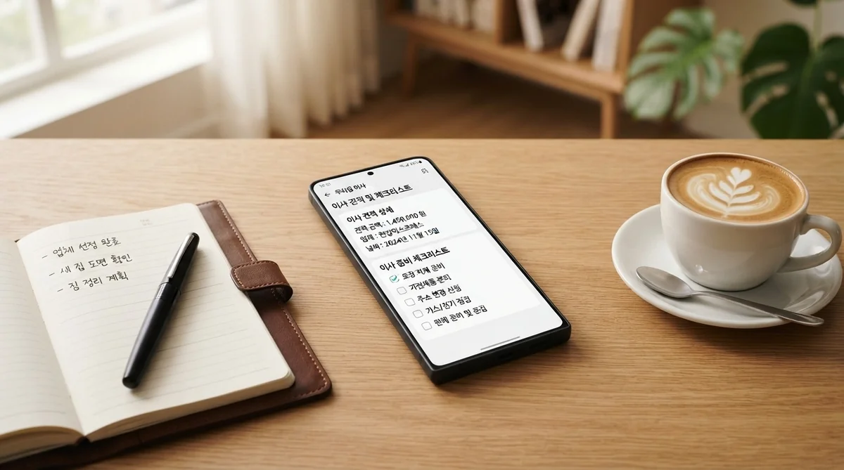 スマートフォンで見積書を確認しながら引越し準備を進めるデスク風景
