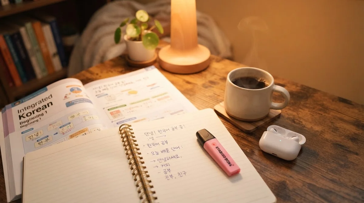韓国語のテキストとハングルが書かれたノート、コーヒーカップがある勉強環境