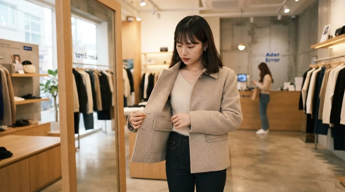 韓国の服屋でジャケットのポケットを確認する女性
