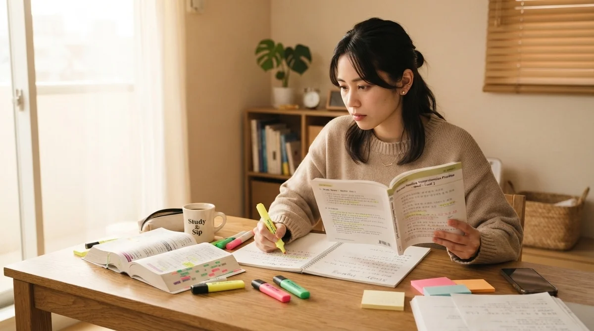 韓国語の長文読解に集中して取り組む学習者