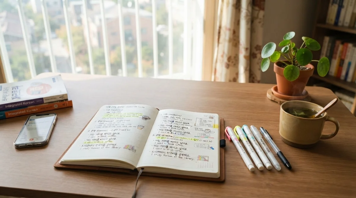 ハングルが綺麗に書き込まれた韓国語の学習ノートと文房具