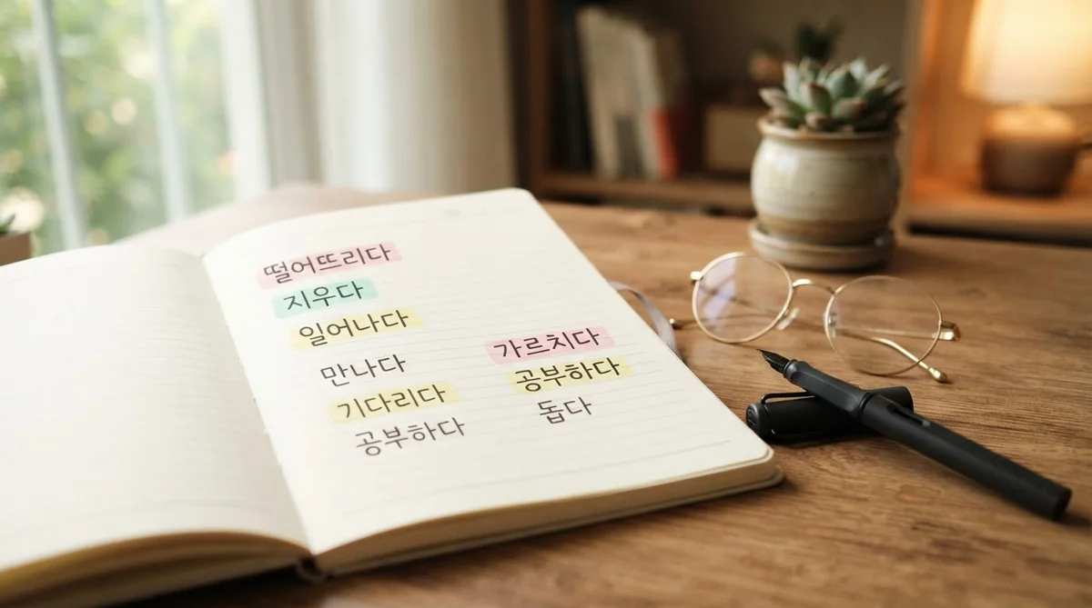 韓国語の動詞が書かれたノートとパステルカラーの蛍光ペン