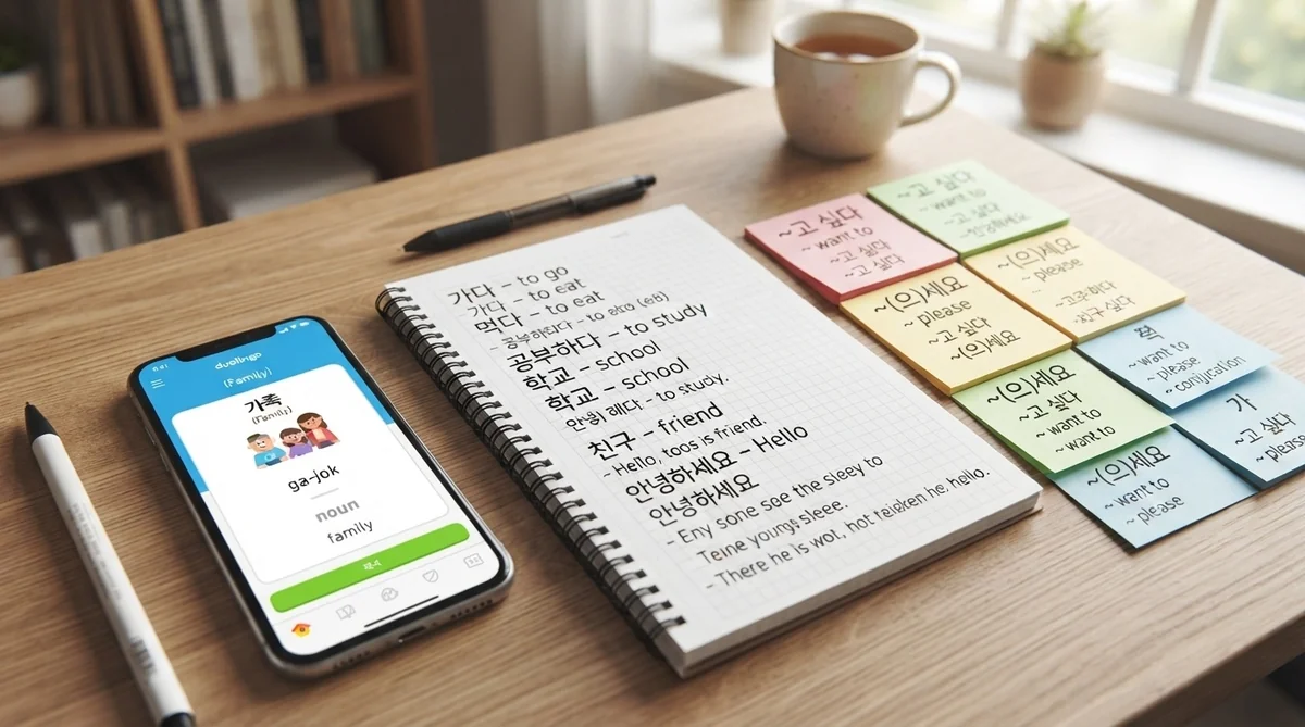 韓国語の文法ノートと付箋が整然と並べられた勉強スペース