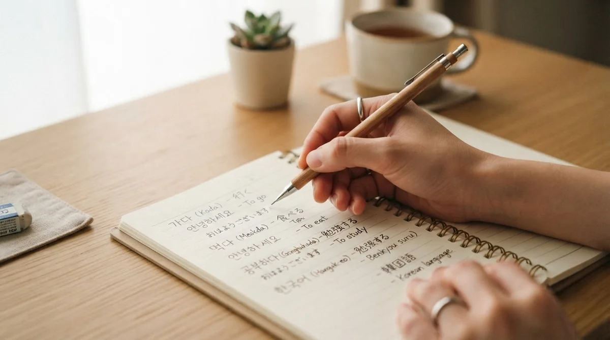 整頓されたデスクでハングルをノートに書き写しながら勉強している様子