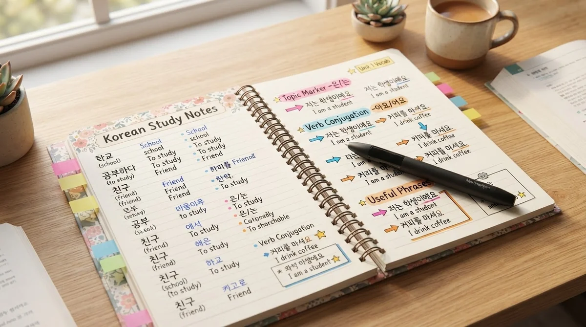 韓国語の単語と文法が綺麗に整理されたノートと勉強用のデスク