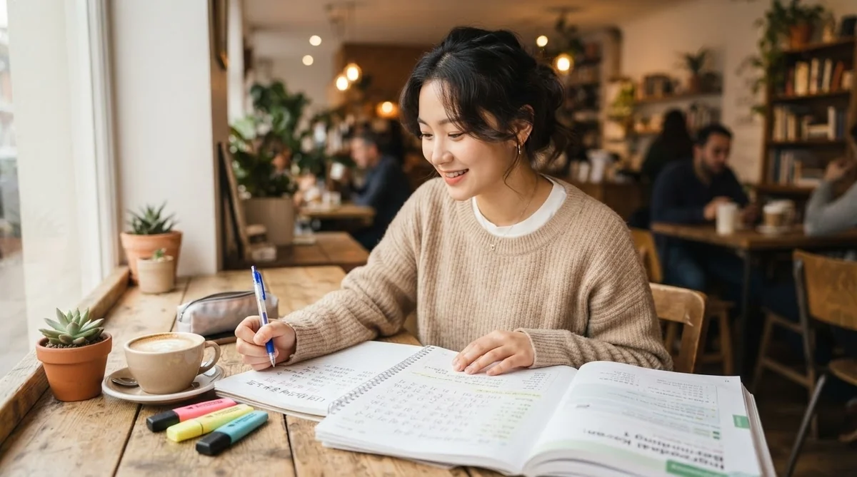 カフェでノートを開いて韓国語の勉強をする女性学習者の風景