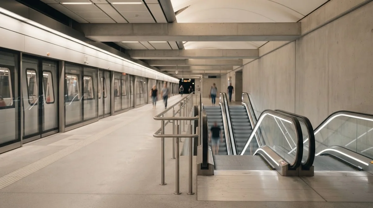 駅のホームやエスカレーターが描かれた公共交通機関の風景