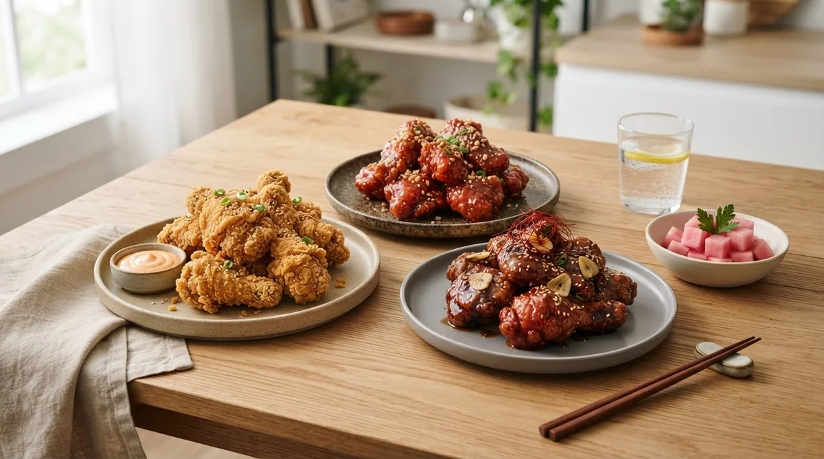 綺麗なお皿に盛り付けられたフライドチキン、ヤンニョムチキン、カンジャンチキンと小鉢に入った大根の酢漬け