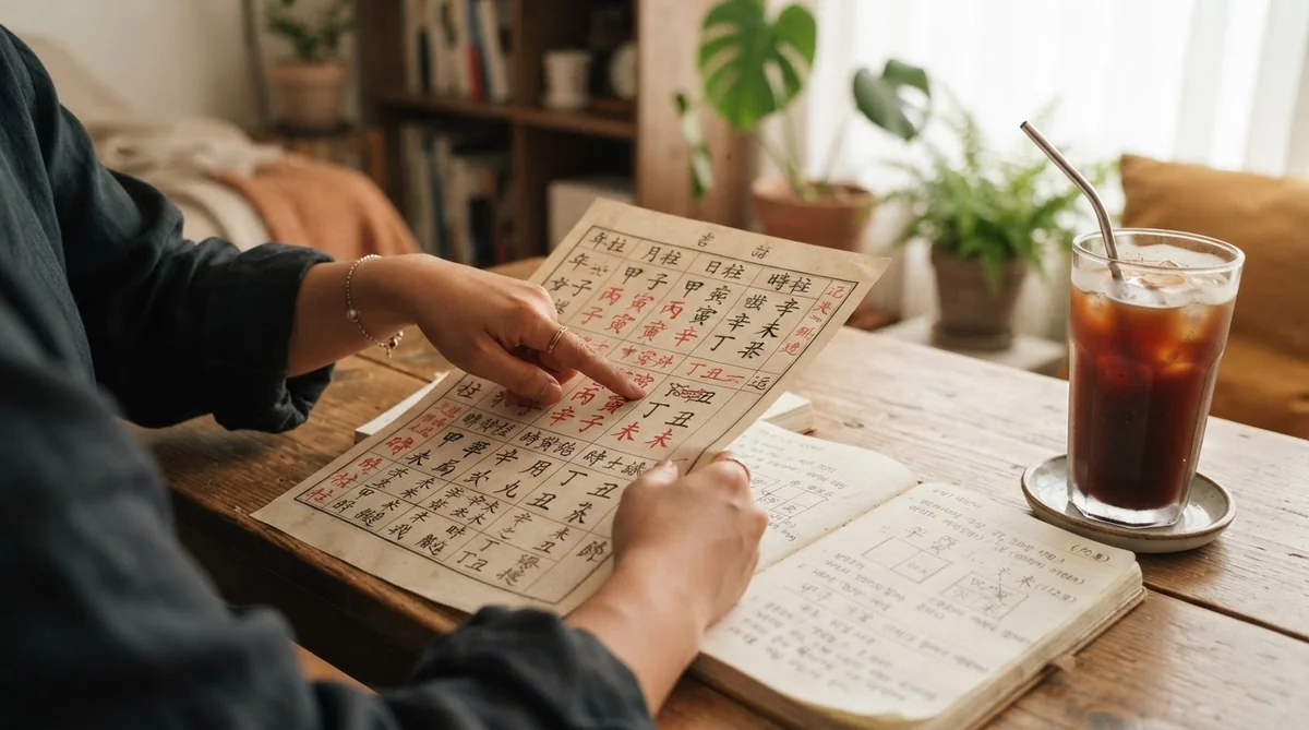 四柱推命の鑑定書をじっくりと手元で確認しながら学習している様子