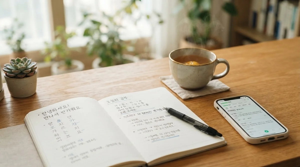 韓国語のフレーズが書かれたノートとスマートフォンが置かれた落ち着いたカフェのデスク