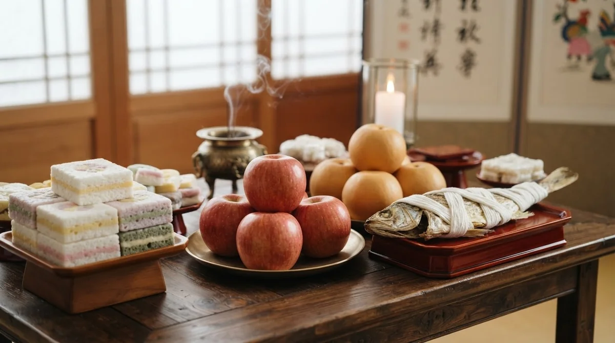 コサの祭壇に並べられた果物とお餅と干し鱈の伝統的なお供え物