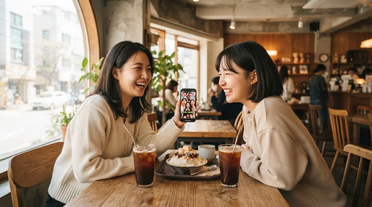 韓国のカフェで楽しそうにおしゃべりする友人同士の様子