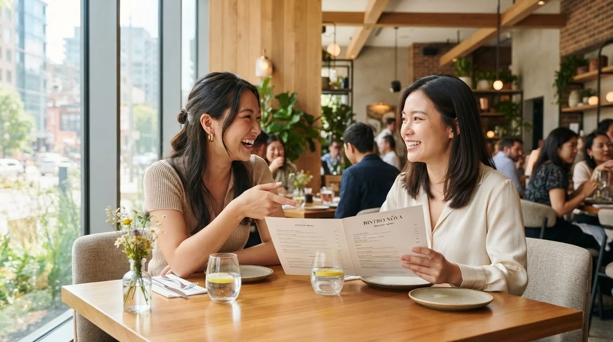 韓国の飲食店でメニューを見ながら会話をして注文する様子