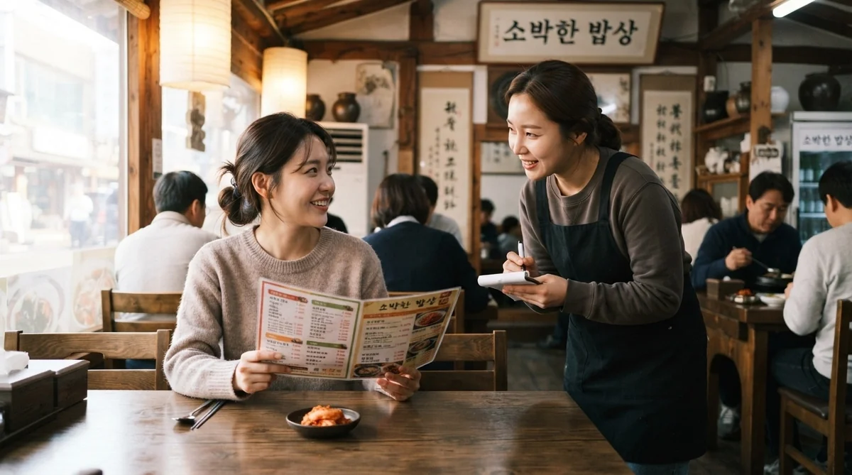 韓国の食堂で店員とやり取りする旅行者の様子