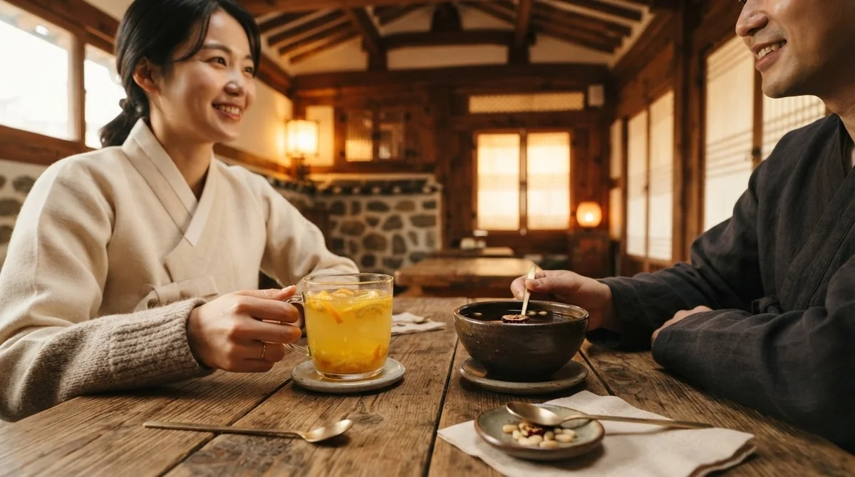 韓屋カフェでゆず茶とナツメ茶を楽しむ様子