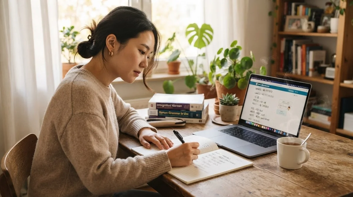韓国語のノートに日常単語や会話フレーズの南北の違いを整理してまとめている様子