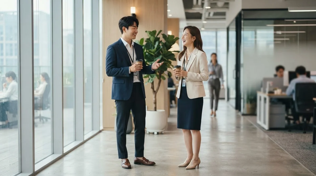 オフィスの廊下で会話をする韓国人の同僚たち