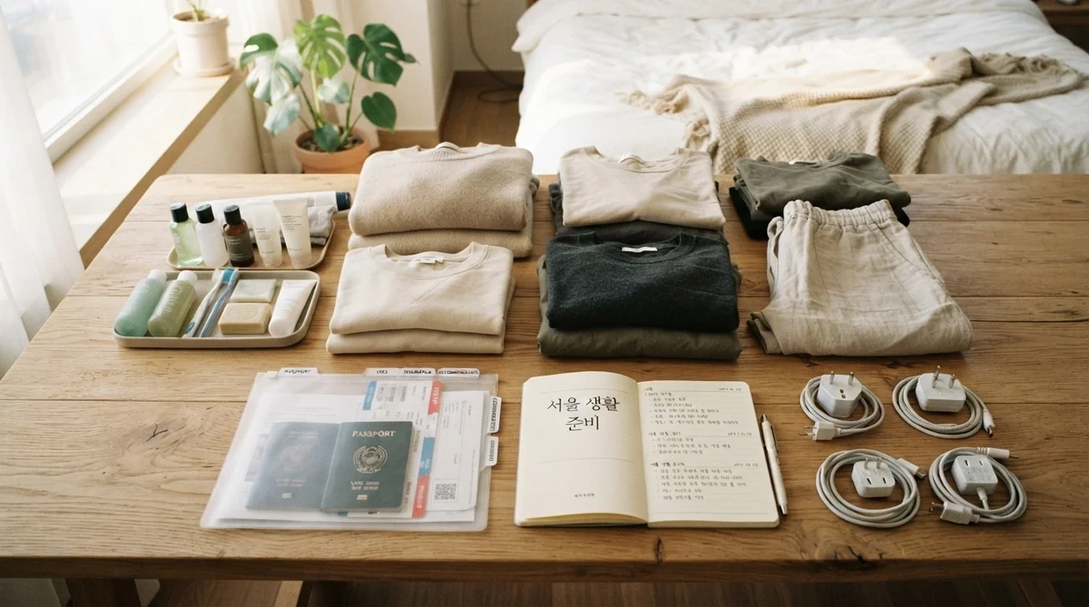 整然と並べられた書類や変換プラグ、衣類などの留学荷造り風景