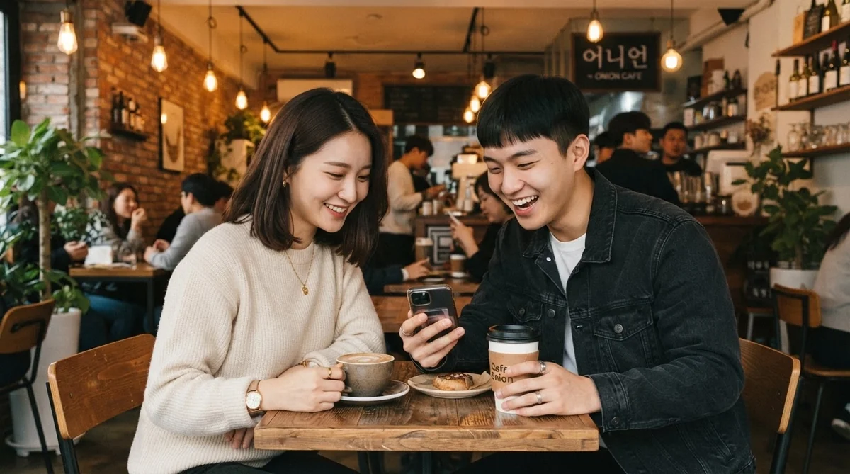 ソウルのカフェでスマートフォンを見ながら楽しく談笑する男女