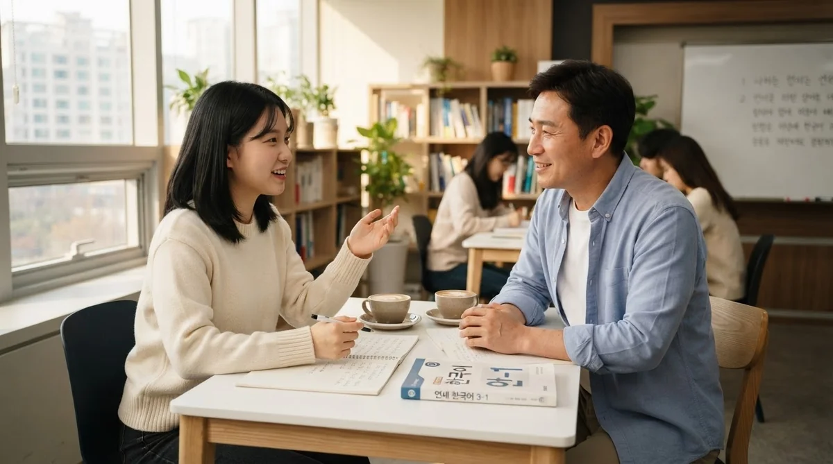韓国語の会話練習を行う学習者と講師の風景